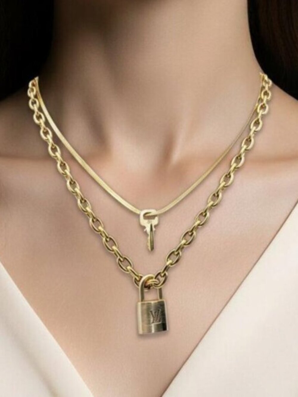 Authentic Louis Vuitton Padlock w/unbranded 18k GoldPlated stainless DoubleChain
